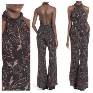 Revolve ASTR retail $198 PAISLEY HALTER JUMPSUIT,BLACK MULTI FLORAL, wide leg SM